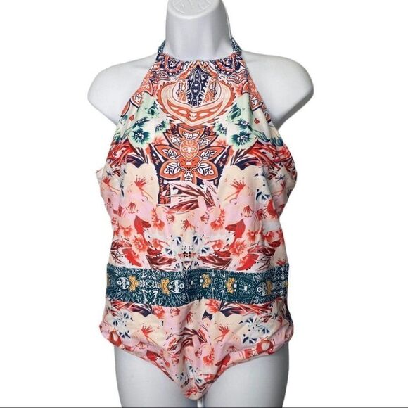 Floral Open Back High Neck‎ One Piece Swimsuit Lace - Picture 2 of 9